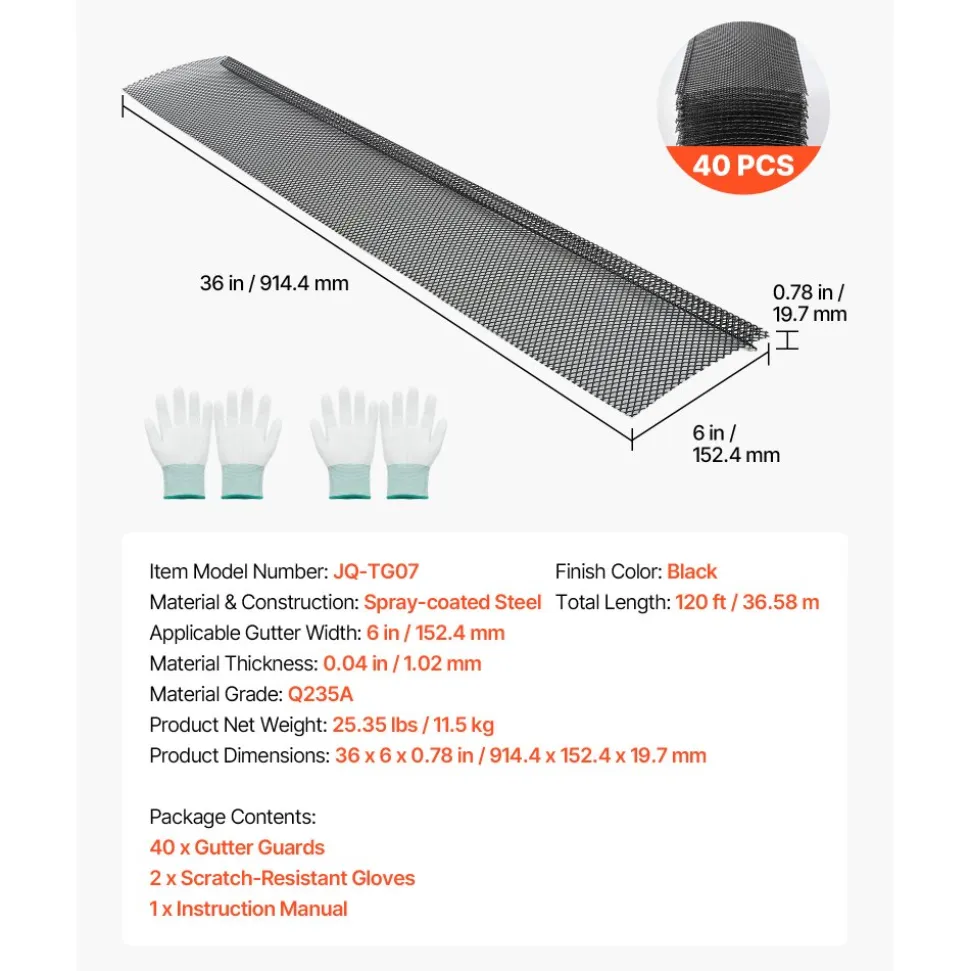 VEVOR Gutter Guard, 6 in Powder-Coated Steel Gutter Screen, Heavy-Duty 120 ft Length, 0.04 in Thickness, Leaf Guard for Debris and Leaves, Easy DIY Install, Fits 6" Standard Systems, 40 Pack, Black