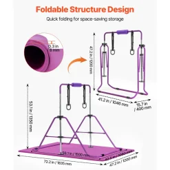 VEVOR Gymnastic Bars for Kids, 140 lbs Capacity Folding Training Kip Bar with Mat, Adjustable Height Gymnastic Horizontal Bar for Home, Training Equipment for Indoor Outdoor, Easy to Assemble, Purple