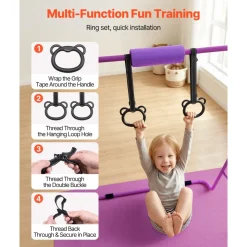 VEVOR Gymnastic Bars for Kids, 140 lbs Capacity Folding Training Kip Bar with Mat, Adjustable Height Gymnastic Horizontal Bar for Home, Training Equipment for Indoor Outdoor, Easy to Assemble, Purple