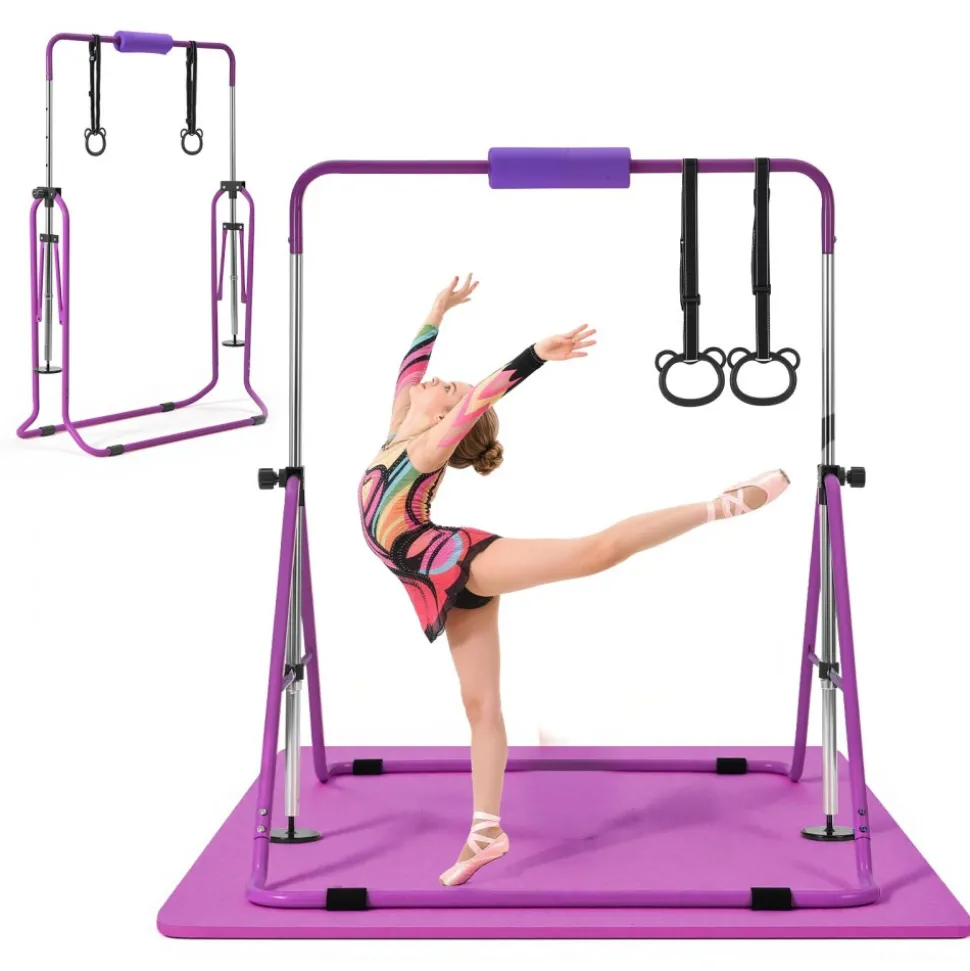 VEVOR Gymnastic Bars for Kids, 140 lbs Capacity Folding Training Kip Bar with Mat, Adjustable Height Gymnastic Horizontal Bar for Home, Training Equipment for Indoor Outdoor, Easy to Assemble, Purple