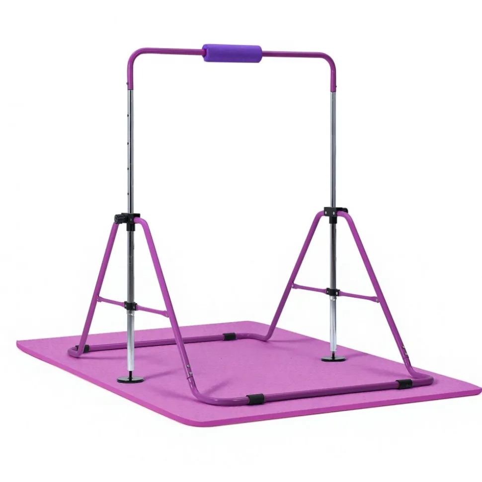 VEVOR Gymnastic Bars for Kids, 140 lbs Capacity Folding Training Kip Bar with Mat, Adjustable Height Gymnastic Horizontal Bar for Home, Training Equipment for Indoor Outdoor, Easy to Assemble, Purple