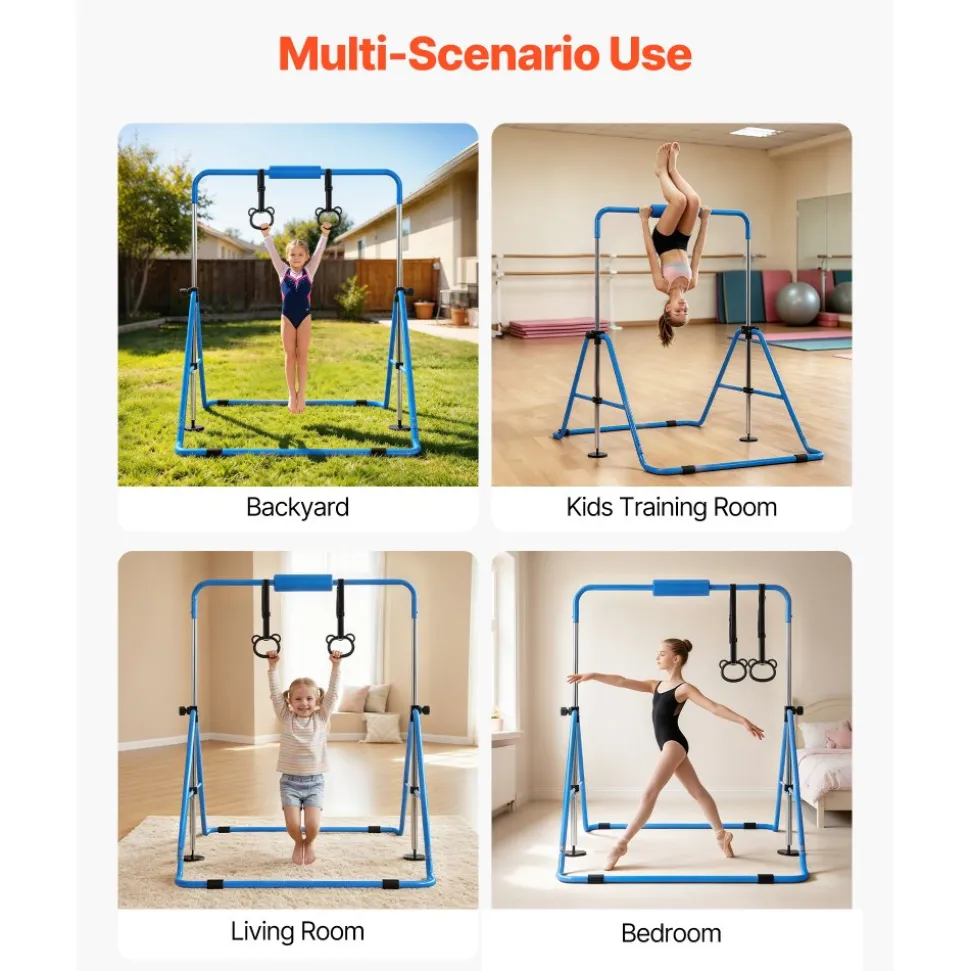 VEVOR Gymnastic Bars for Kids, 140 lbs Capacity Folding Training Kip Bar with Mat, Adjustable Height Gymnastic Horizontal Bar for Home, Training Equipment for Indoor Outdoor, Easy to Assemble, Pink