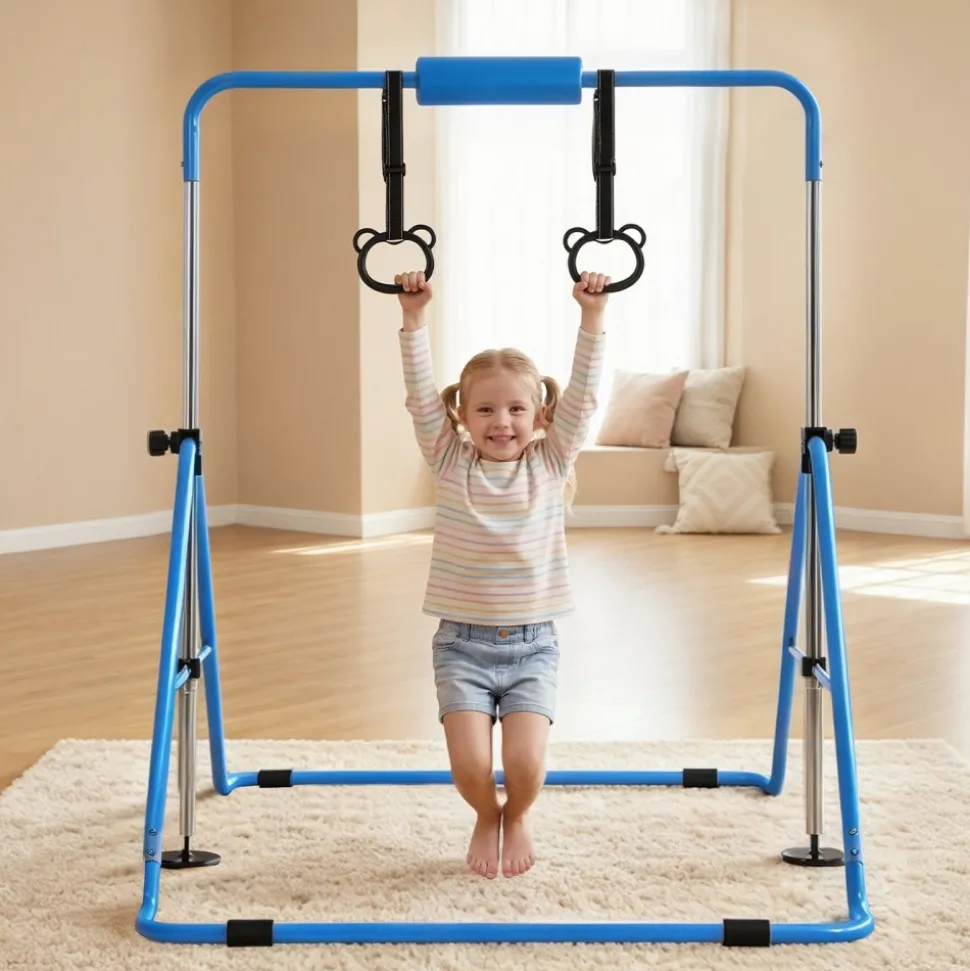 VEVOR Gymnastic Bars for Kids, 140 lbs Capacity Folding Training Kip Bar with Mat, Adjustable Height Gymnastic Horizontal Bar for Home, Training Equipment for Indoor Outdoor, Easy to Assemble, Pink