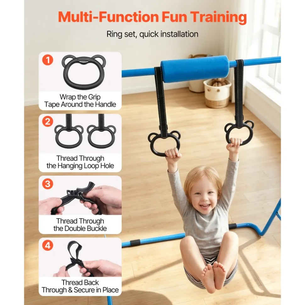 VEVOR Gymnastic Bars for Kids, 140 lbs Capacity Folding Training Kip Bar with Mat, Adjustable Height Gymnastic Horizontal Bar for Home, Training Equipment for Indoor Outdoor, Easy to Assemble, Pink