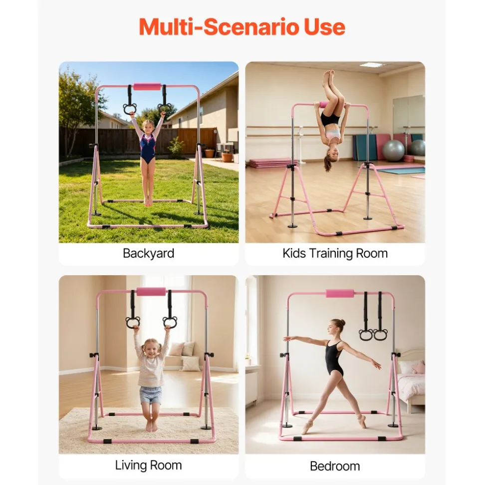 VEVOR Gymnastic Bars for Kids, 140 lbs Capacity Folding Training Kip Bar, Adjustable Height Gymnastic Horizontal Bar for Home, Training Equipment for Indoor and Outdoor, Easy to Assemble, Pink