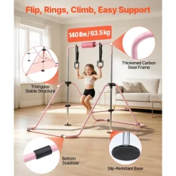 VEVOR Gymnastic Bars for Kids, 140 lbs Capacity Folding Training Kip Bar, Adjustable Height Gymnastic Horizontal Bar for Home, Training Equipment for Indoor and Outdoor, Easy to Assemble, Pink