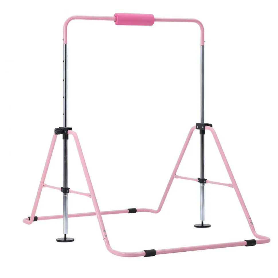 VEVOR Gymnastic Bars for Kids, 140 lbs Capacity Folding Training Kip Bar, Adjustable Height Gymnastic Horizontal Bar for Home, Training Equipment for Indoor and Outdoor, Easy to Assemble, Pink