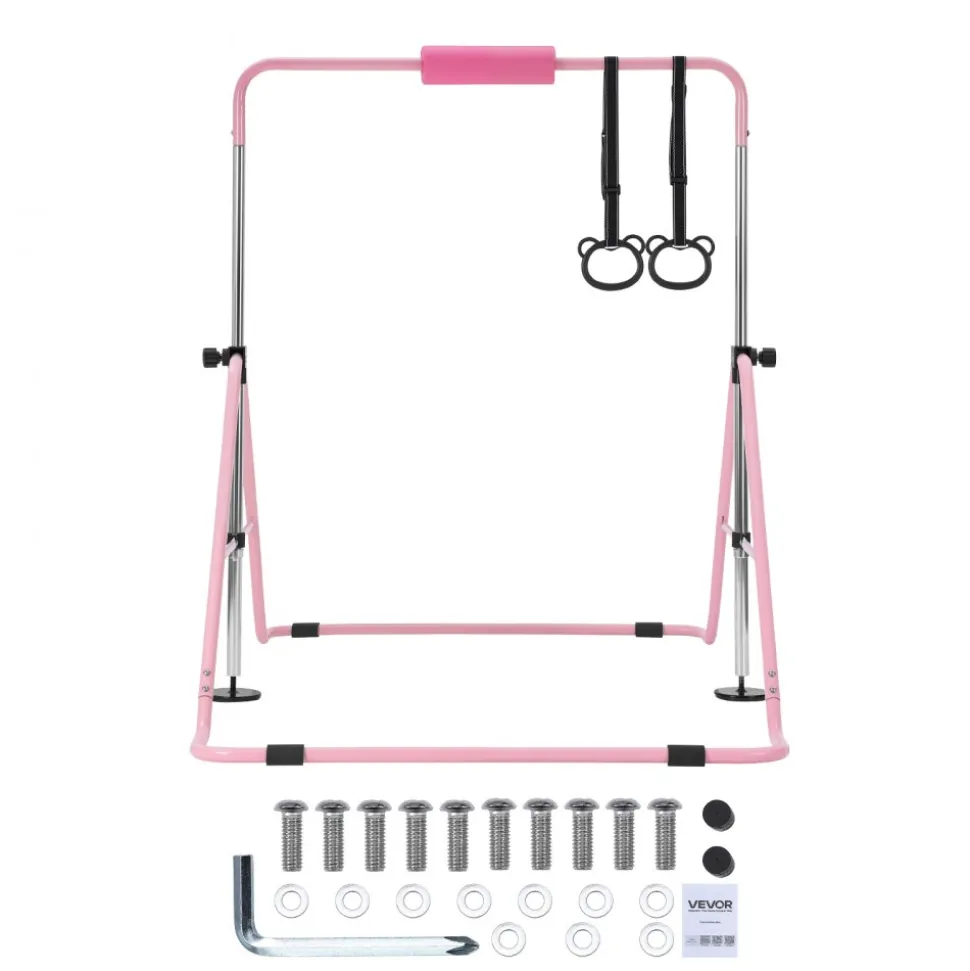 VEVOR Gymnastic Bars for Kids, 140 lbs Capacity Folding Training Kip Bar, Adjustable Height Gymnastic Horizontal Bar for Home, Training Equipment for Indoor and Outdoor, Easy to Assemble, Pink