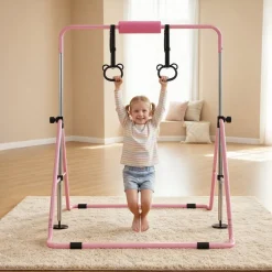VEVOR Gymnastic Bars for Kids, 140 lbs Capacity Folding Training Kip Bar, Adjustable Height Gymnastic Horizontal Bar for Home, Training Equipment for Indoor and Outdoor, Easy to Assemble, Pink
