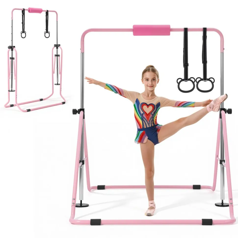 VEVOR Gymnastic Bars for Kids, 140 lbs Capacity Folding Training Kip Bar, Adjustable Height Gymnastic Horizontal Bar for Home, Training Equipment for Indoor and Outdoor, Easy to Assemble, Pink