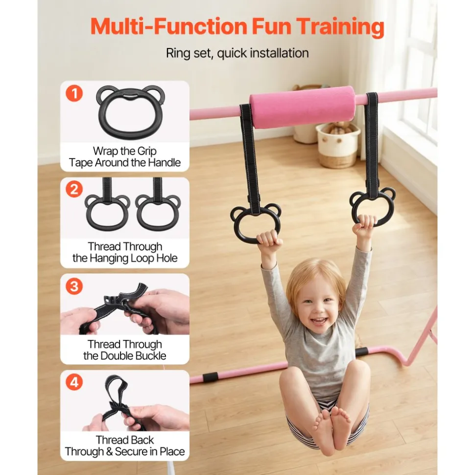 VEVOR Gymnastic Bars for Kids, 140 lbs Capacity Folding Training Kip Bar, Adjustable Height Gymnastic Horizontal Bar for Home, Training Equipment for Indoor and Outdoor, Easy to Assemble, Pink