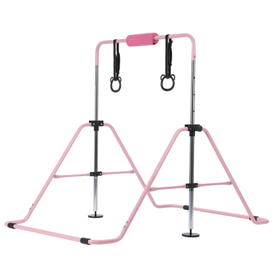 VEVOR Gymnastic Bars for Kids, 140 lbs Capacity Folding Training Kip Bar, Adjustable Height Gymnastic Horizontal Bar for Home, Training Equipment for Indoor and Outdoor, Easy to Assemble, Pink