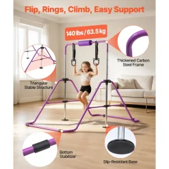 VEVOR Gymnastic Bars for Kids, 140 lbs Capacity Folding Training Kip Bar, Adjustable Height Gymnastic Horizontal Bar for Home, Training Equipment for Indoor and Outdoor, Easy to Assemble, Purple