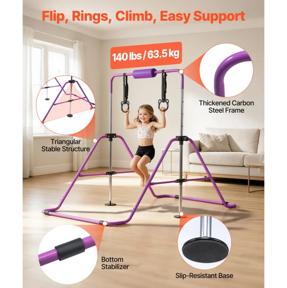 VEVOR Gymnastic Bars for Kids, 140 lbs Capacity Folding Training Kip Bar, Adjustable Height Gymnastic Horizontal Bar for Home, Training Equipment for Indoor and Outdoor, Easy to Assemble, Purple