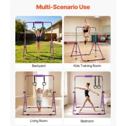VEVOR Gymnastic Bars for Kids, 140 lbs Capacity Folding Training Kip Bar, Adjustable Height Gymnastic Horizontal Bar for Home, Training Equipment for Indoor and Outdoor, Easy to Assemble, Purple
