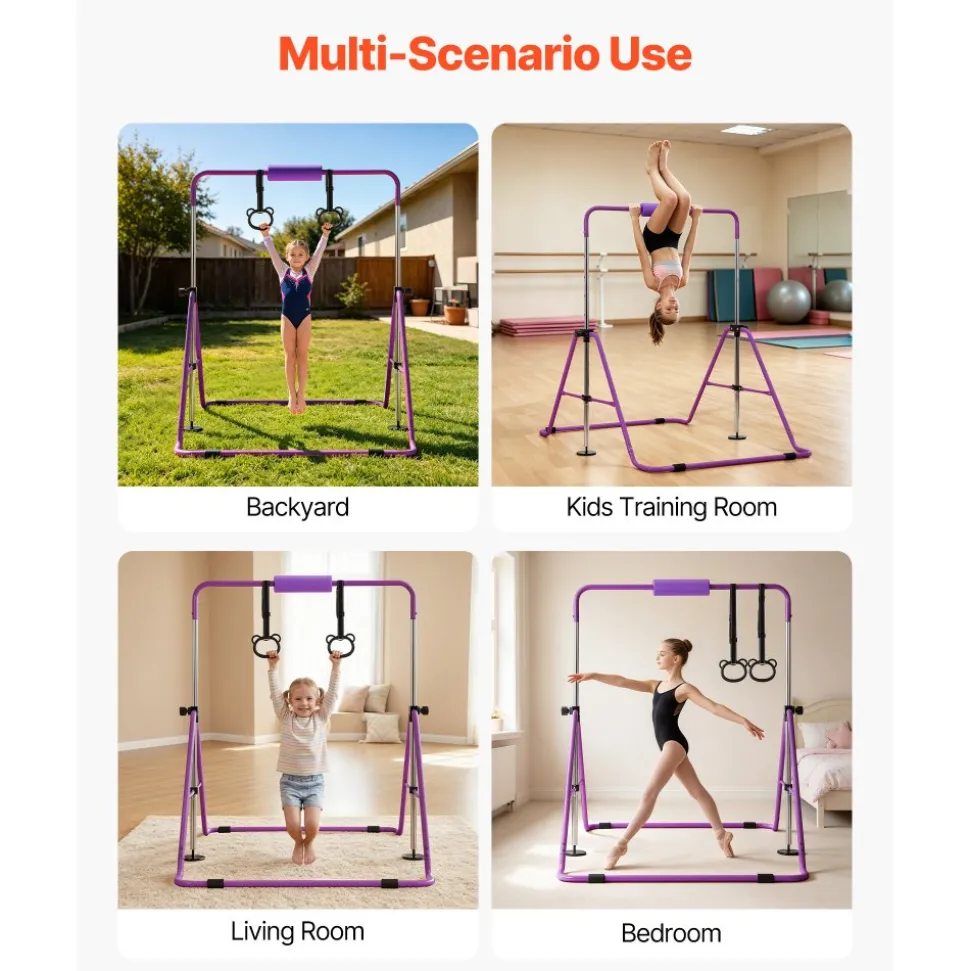 VEVOR Gymnastic Bars for Kids, 140 lbs Capacity Folding Training Kip Bar, Adjustable Height Gymnastic Horizontal Bar for Home, Training Equipment for Indoor and Outdoor, Easy to Assemble, Purple