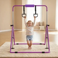 VEVOR Gymnastic Bars for Kids, 140 lbs Capacity Folding Training Kip Bar, Adjustable Height Gymnastic Horizontal Bar for Home, Training Equipment for Indoor and Outdoor, Easy to Assemble, Purple