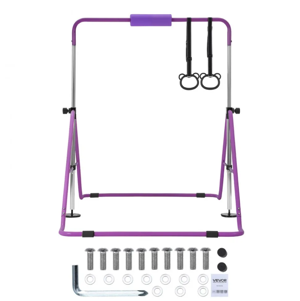 VEVOR Gymnastic Bars for Kids, 140 lbs Capacity Folding Training Kip Bar, Adjustable Height Gymnastic Horizontal Bar for Home, Training Equipment for Indoor and Outdoor, Easy to Assemble, Purple