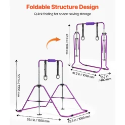 VEVOR Gymnastic Bars for Kids, 140 lbs Capacity Folding Training Kip Bar, Adjustable Height Gymnastic Horizontal Bar for Home, Training Equipment for Indoor and Outdoor, Easy to Assemble, Purple