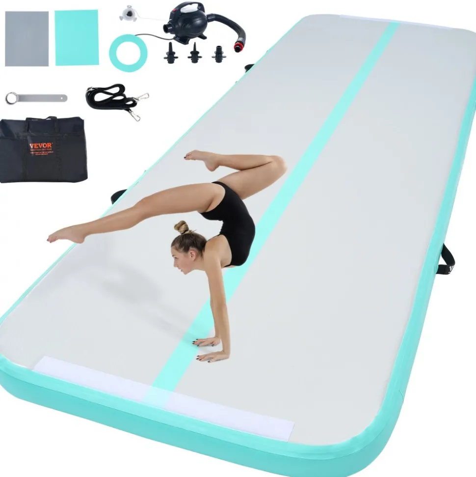 VEVOR Gymnastics Air Mat, 4 inch Thickness Inflatable Gymnastics Tumbling Mat, Tumble Track with Electric Pump, Training Mats for Home Use/Gym/Yoga/Cheerleading/Beach/Park/Water, 10 ft, Mint Green