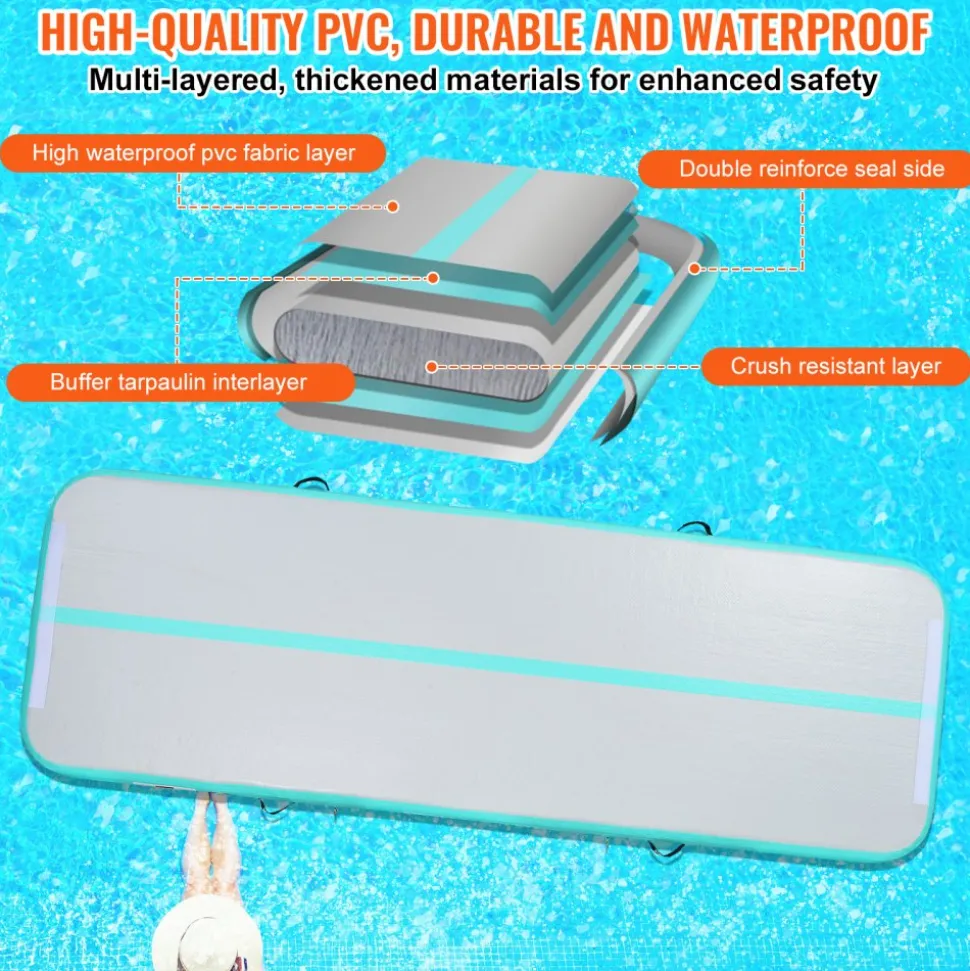 VEVOR Gymnastics Air Mat, 4 inch Thickness Inflatable Gymnastics Tumbling Mat, Tumble Track with Electric Pump, Training Mats for Home Use/Gym/Yoga/Cheerleading/Beach/Park/Water, 10 ft, Mint Green