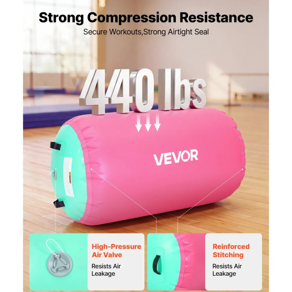 VEVOR Gymnastics Barrel Air Roller 23.6x40 in Inflatable Tumbling Air Mat, Octagon Tumbler Trainer with Electric Pump, Equipment for Back Handspring Training/Home Use/Gym/Yoga/Cheerleading, Pink