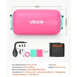 VEVOR Gymnastics Barrel Air Roller 23.6x40 in Inflatable Tumbling Air Mat, Octagon Tumbler Trainer with Electric Pump, Equipment for Back Handspring Training/Home Use/Gym/Yoga/Cheerleading, Pink