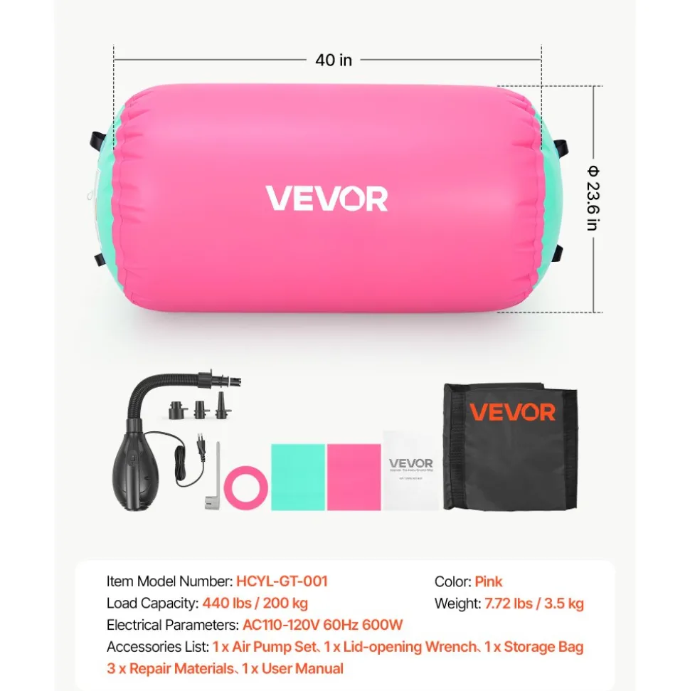 VEVOR Gymnastics Barrel Air Roller 23.6x40 in Inflatable Tumbling Air Mat, Octagon Tumbler Trainer with Electric Pump, Equipment for Back Handspring Training/Home Use/Gym/Yoga/Cheerleading, Pink