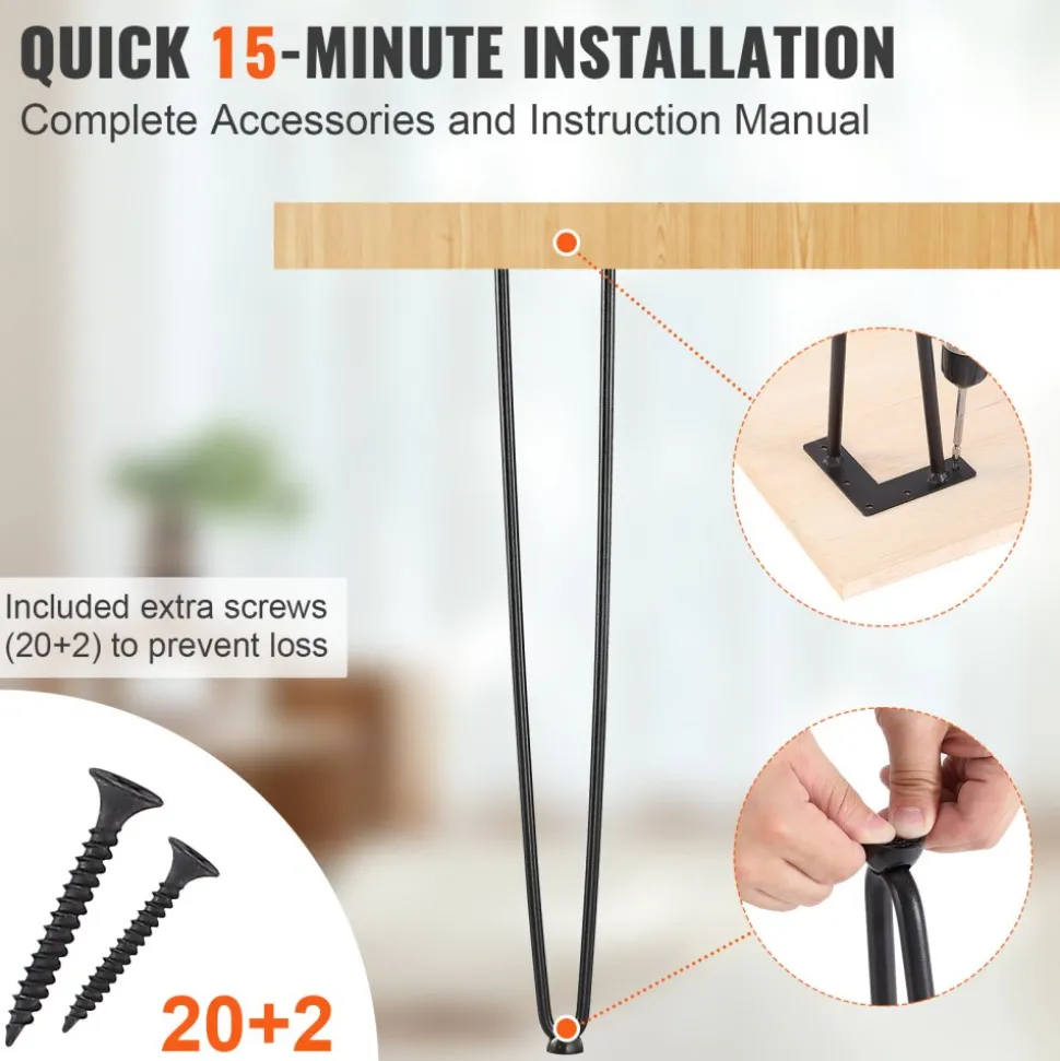 VEVOR 28" Hairpin Furniture Legs, Metal Home DIY Projects for Nightstand, Coffee Table, Desk, 500lbs Load Capacity with Rubber Floor Protectors, Metal Heavy Duty Sturdy Modern Table Legs, 4PCS Black