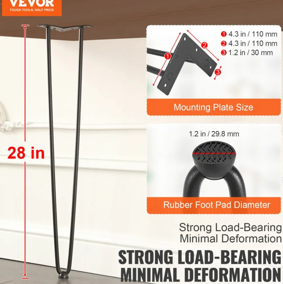 VEVOR 28" Hairpin Furniture Legs, Metal Home DIY Projects for Nightstand, Coffee Table, Desk, 500lbs Load Capacity with Rubber Floor Protectors, Metal Heavy Duty Sturdy Modern Table Legs, 4PCS Black