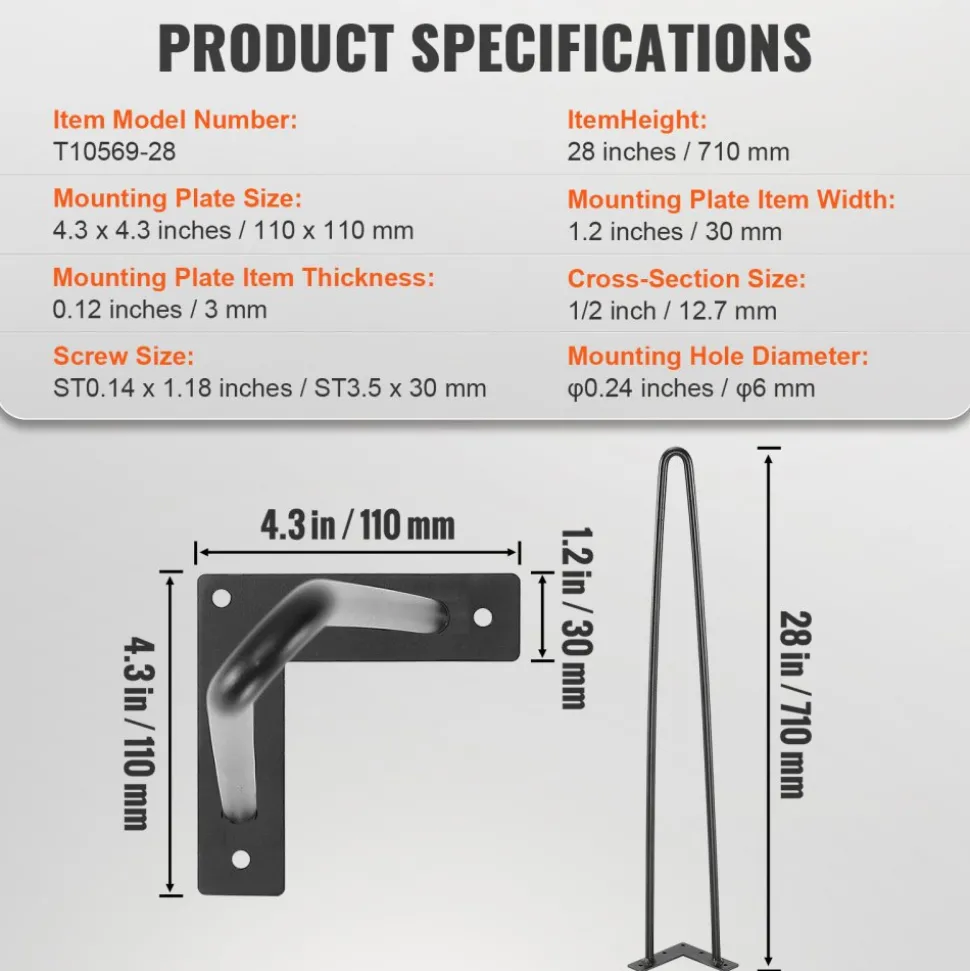 VEVOR 28" Hairpin Furniture Legs, Metal Home DIY Projects for Nightstand, Coffee Table, Desk, 500lbs Load Capacity with Rubber Floor Protectors, Metal Heavy Duty Sturdy Modern Table Legs, 4PCS Black