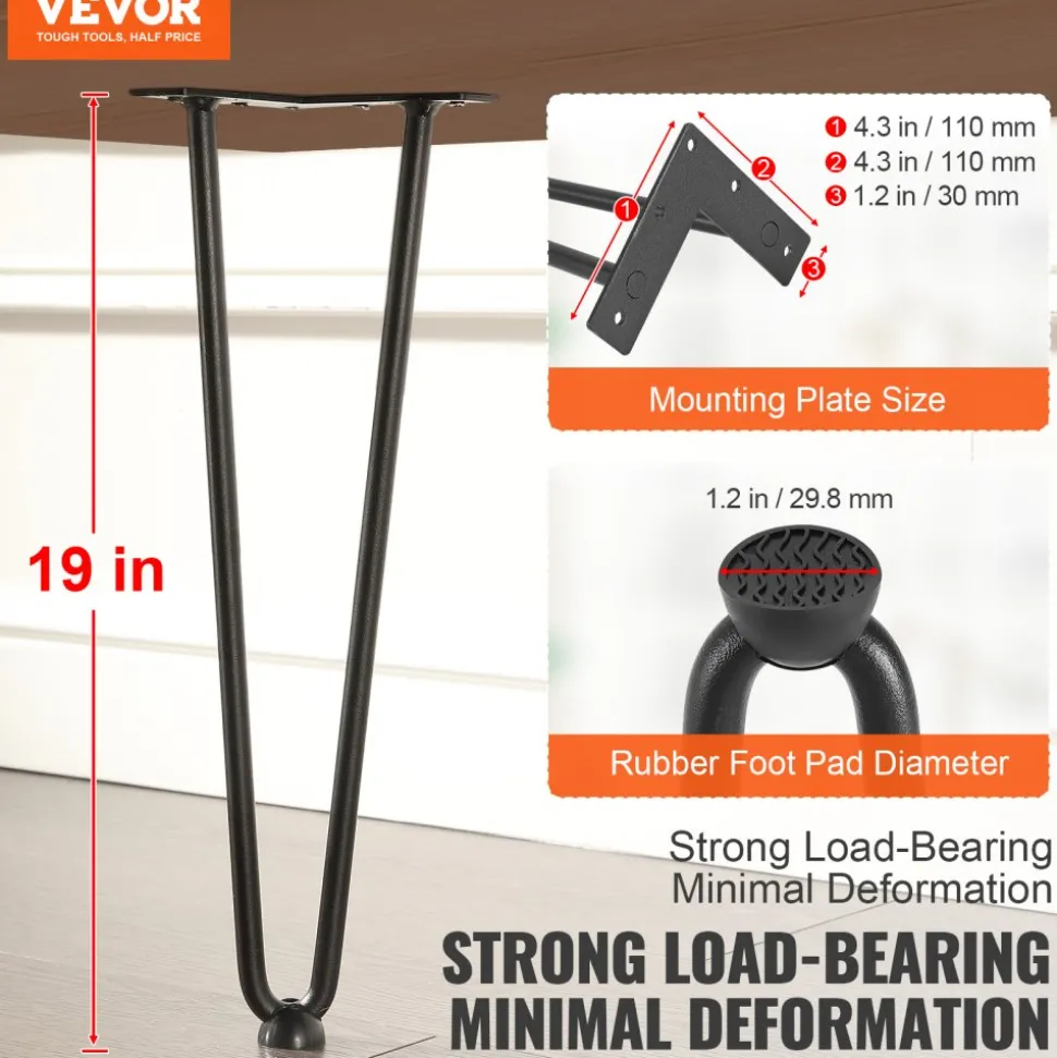 VEVOR 19" Hairpin Furniture Legs, Metal Home DIY Projects for Nightstand, Coffee Table, Desk, 500lbs Load Capacity with Rubber Floor Protectors, Metal Heavy Duty Sturdy Modern Table Legs, 4PCS Black