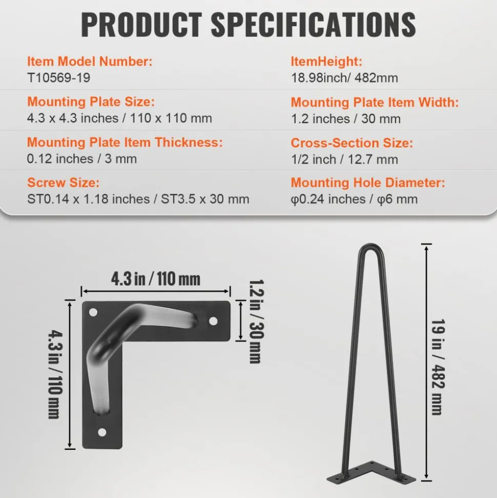 VEVOR 19" Hairpin Furniture Legs, Metal Home DIY Projects for Nightstand, Coffee Table, Desk, 500lbs Load Capacity with Rubber Floor Protectors, Metal Heavy Duty Sturdy Modern Table Legs, 4PCS Black