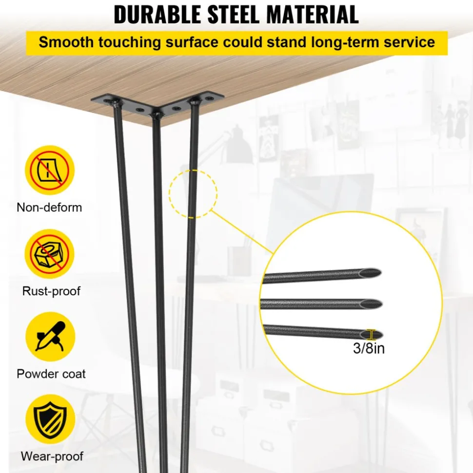 VEVOR Hairpin Table Legs 24" Black Set of 4 Desk Legs 880lbs Load Capacity (Each 220lbs) Hairpin Desk Legs 3 Rods for Bench Desk Dining End Table Chairs Carbon Steel DIY Heavy Duty Furniture Legs