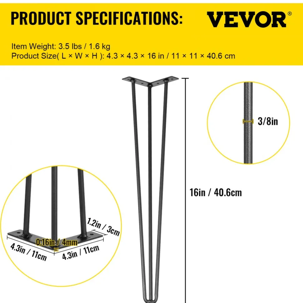 VEVOR Hairpin Table Legs 16" Black Set of 4 Desk Legs 880lbs Load Capacity (Each 220lbs) Hairpin Desk Legs 3 Rods for Bench Desk Dining End Table Chairs Carbon Steel DIY Heavy Duty Furniture Legs