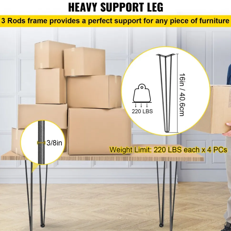 VEVOR Hairpin Table Legs 16" Black Set of 4 Desk Legs 880lbs Load Capacity (Each 220lbs) Hairpin Desk Legs 3 Rods for Bench Desk Dining End Table Chairs Carbon Steel DIY Heavy Duty Furniture Legs