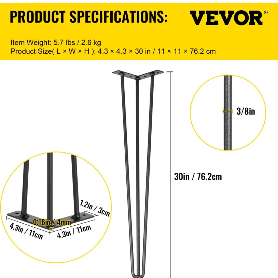 VEVOR Hairpin Table Legs 30" Black Set of 4 Desk Legs 880lbs Load Capacity (Each 220lbs) Hairpin Desk Legs 3 Rods for Bench Desk Dining End Table Chairs Carbon Steel DIY Heavy Duty Furniture Legs