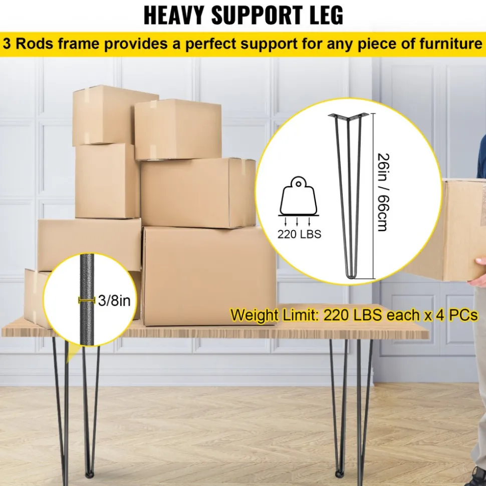 VEVOR Hairpin Table Legs 18" Black Set of 4 Desk Legs 880lbs Load Capacity (Each 220lbs) Hairpin Desk Legs 3 Rods for Bench Desk Dining End Table Chairs Carbon Steel DIY Heavy Duty Furniture Legs