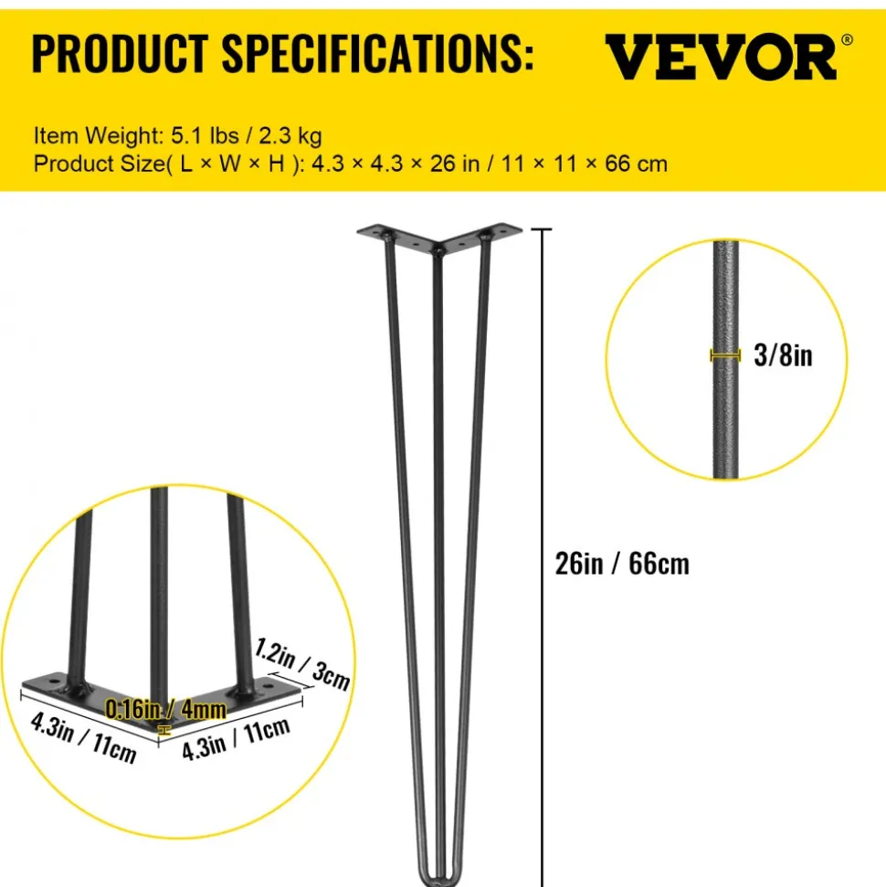 VEVOR Hairpin Table Legs 18" Black Set of 4 Desk Legs 880lbs Load Capacity (Each 220lbs) Hairpin Desk Legs 3 Rods for Bench Desk Dining End Table Chairs Carbon Steel DIY Heavy Duty Furniture Legs