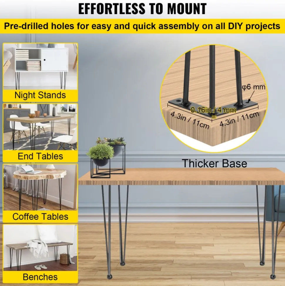 VEVOR Hairpin Table Legs 22" Black Set of 4 Desk Legs 880lbs Load Capacity (Each 220lbs) Hairpin Desk Legs 3 Rods for Bench Desk Dining End Table Chairs Carbon Steel DIY Heavy Duty Furniture Legs