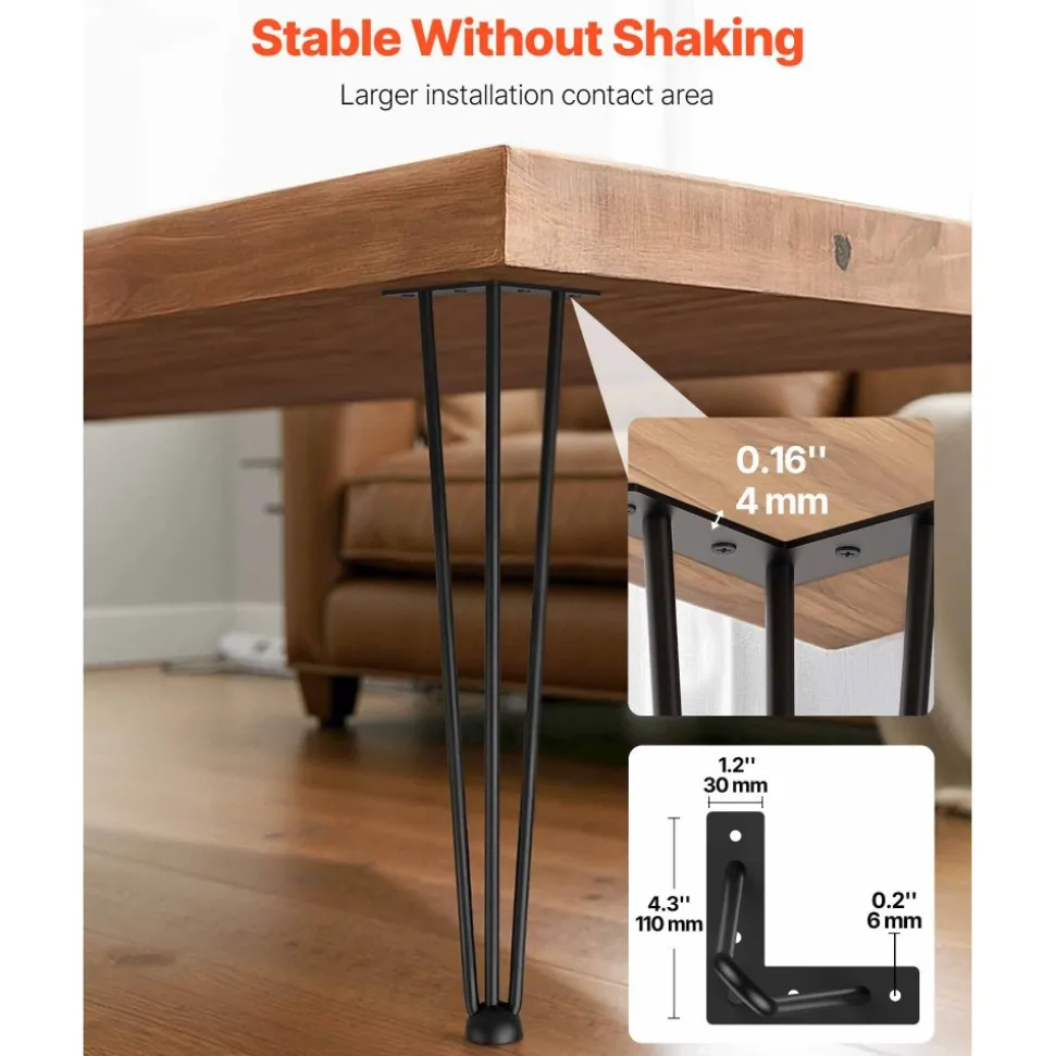 VEVOR Hairpin Table Legs 20" Black Set of 4 Desk Legs 880lbs Load Capacity (Each 220lbs) Hairpin Desk Legs 3 Rods for Bench Desk Dining End Table Chairs Carbon Steel DIY Heavy Duty Furniture Legs