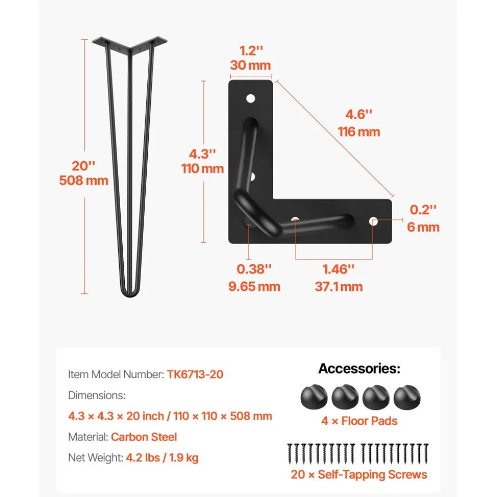 VEVOR Hairpin Table Legs 20" Black Set of 4 Desk Legs 880lbs Load Capacity (Each 220lbs) Hairpin Desk Legs 3 Rods for Bench Desk Dining End Table Chairs Carbon Steel DIY Heavy Duty Furniture Legs