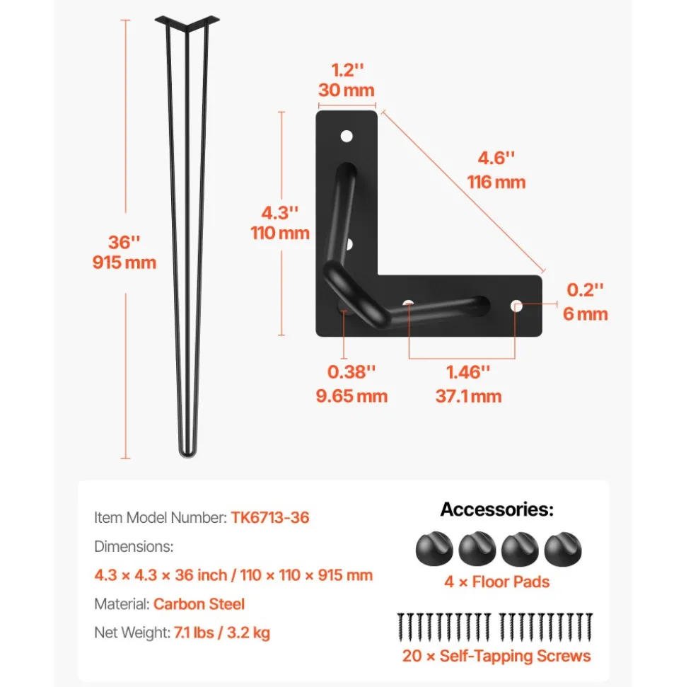 VEVOR Hairpin Table Legs 36 in Black Set of 4 Desk Legs 220 lbs Load Capacity Each Leg Hairpin Desk Legs 3 Rods for Bench Desk Dining End Table Chairs Carbon Steel DIY Heavy Duty Furniture Legs