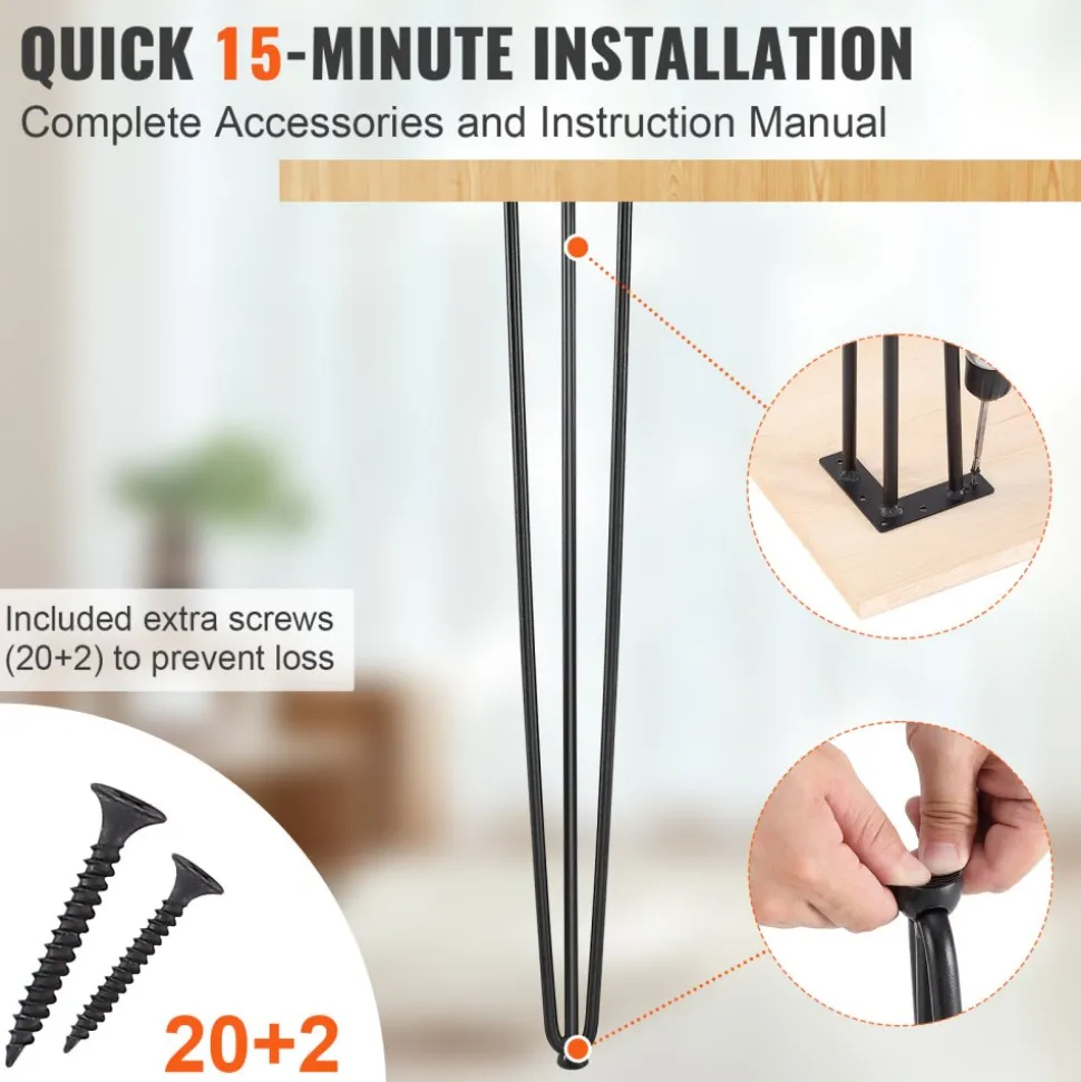 VEVOR Hairpin Table Legs 28", Set of 4 Desk Legs 900lbs Load Capacity, Hairpin Desk Legs 3 Rods for Desk Chairs Bench Dining End Table, Solid Carbon Steel Heavy Duty Furniture Legs Black