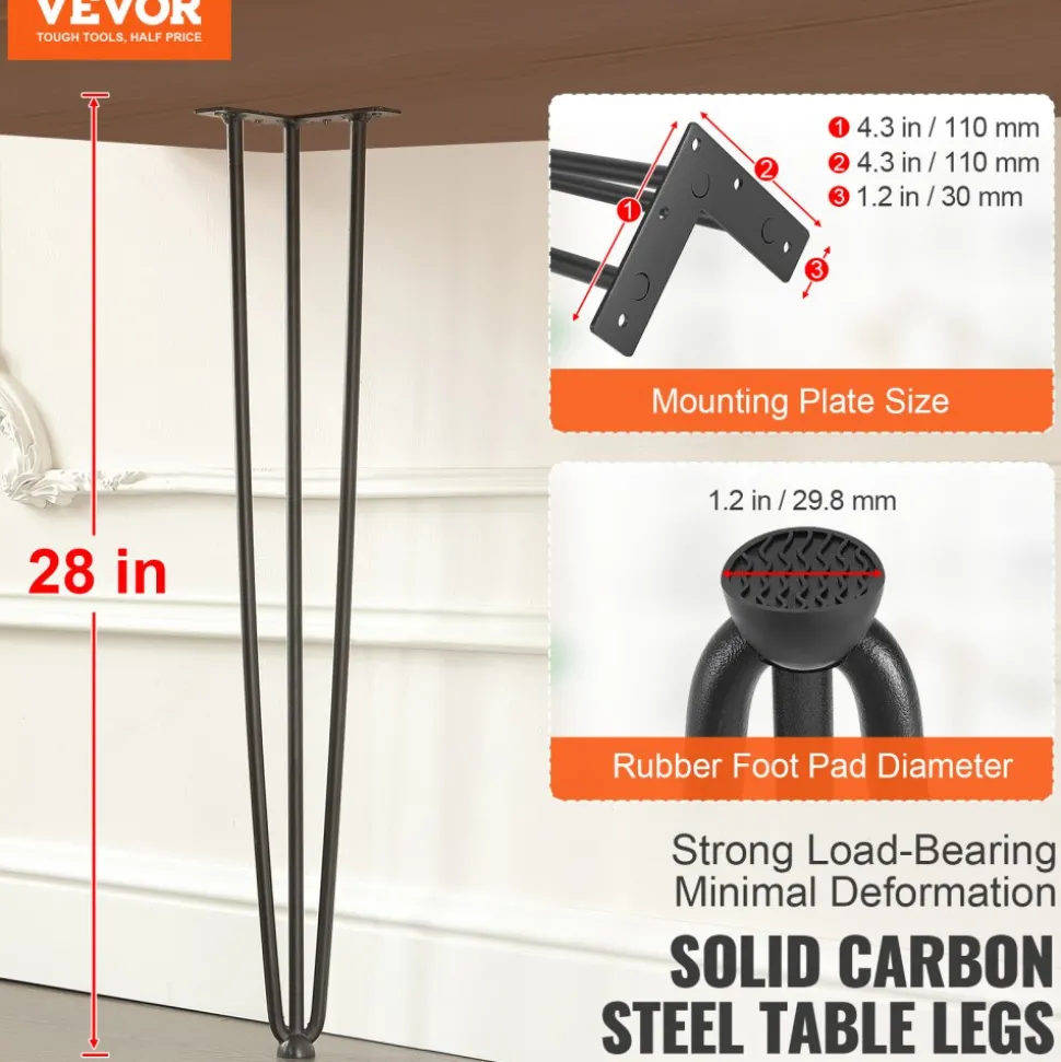 VEVOR Hairpin Table Legs 28", Set of 4 Desk Legs 900lbs Load Capacity, Hairpin Desk Legs 3 Rods for Desk Chairs Bench Dining End Table, Solid Carbon Steel Heavy Duty Furniture Legs Black