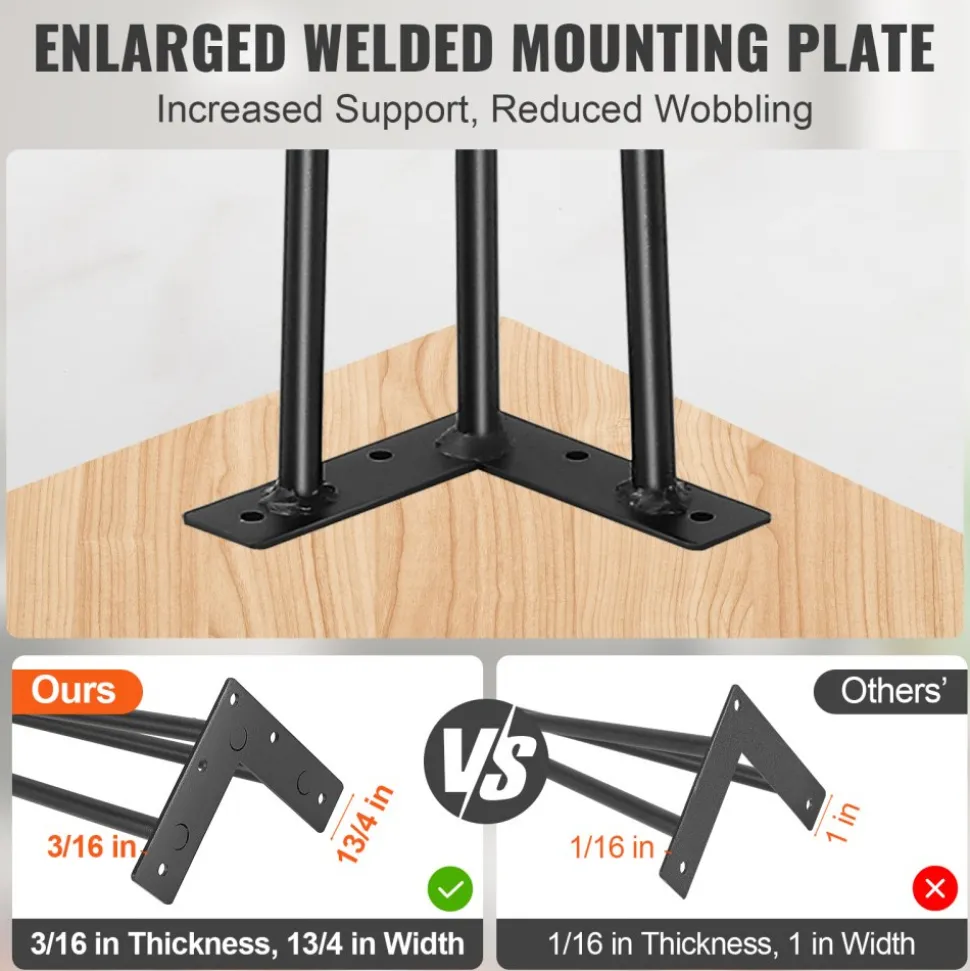 VEVOR Hairpin Table Legs 28", Set of 4 Desk Legs 900lbs Load Capacity, Hairpin Desk Legs 3 Rods for Desk Chairs Bench Dining End Table, Solid Carbon Steel Heavy Duty Furniture Legs Black