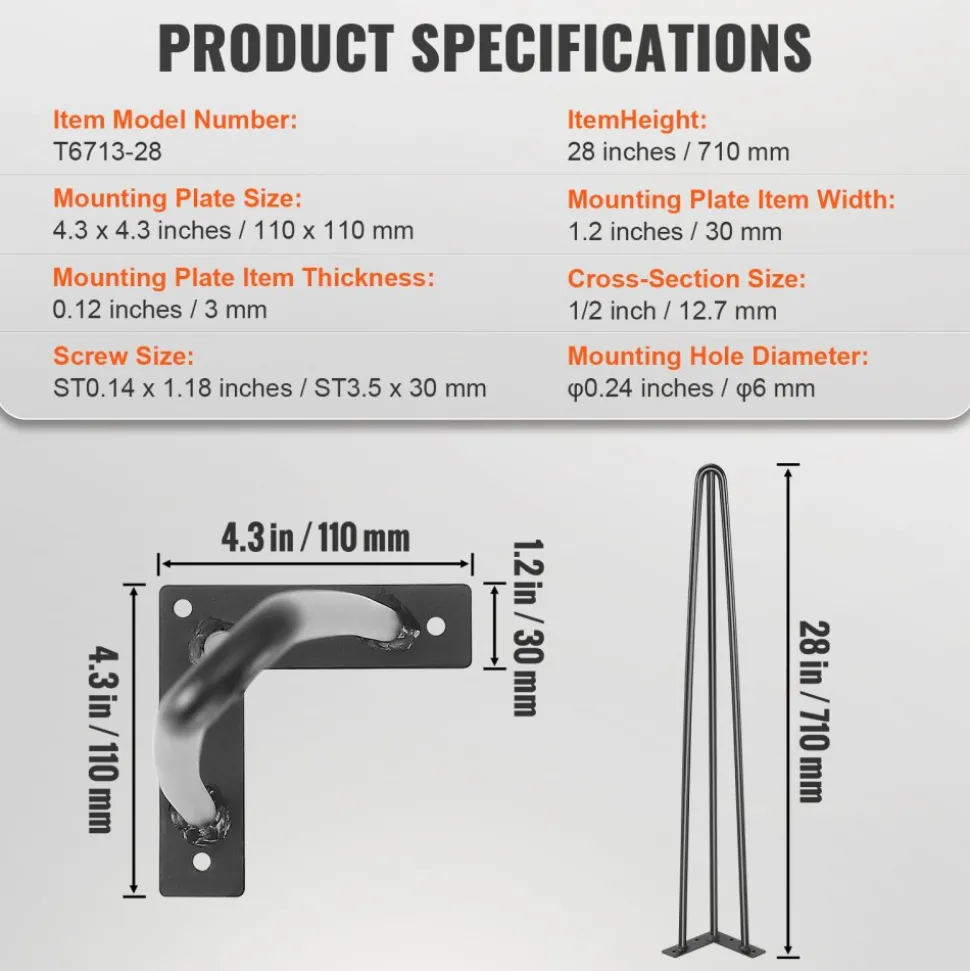 VEVOR Hairpin Table Legs 28", Set of 4 Desk Legs 900lbs Load Capacity, Hairpin Desk Legs 3 Rods for Desk Chairs Bench Dining End Table, Solid Carbon Steel Heavy Duty Furniture Legs Black
