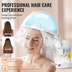 VEVOR Hair Steamer, 2-in-1 Professional Hair & Facial Steamer with Detachable Bonnet Hood, Nano Ionic & UV Ozone Face Steamer with 360° Rotatable Sprayer for Salon Spa Home Beauty