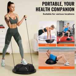 VEVOR Half Exercise Ball Trainer, 23 inch Balance Ball Trainer, 660 lbs Capacity Stability Ball, Yoga Ball with Resistance Bands and Pump, Strength Fitness Ball for Home Gym, Full Body Workouts, Black
