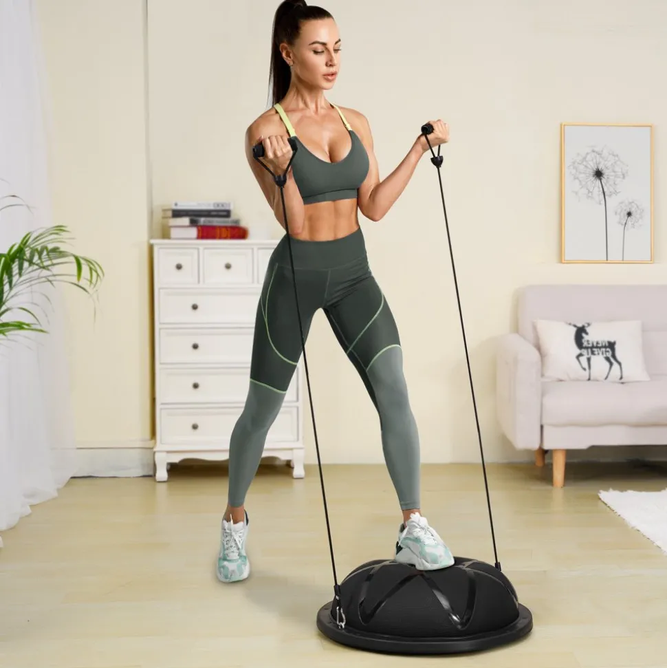 VEVOR Half Exercise Ball Trainer, 23 inch Balance Ball Trainer, 660 lbs Capacity Stability Ball, Yoga Ball with Resistance Bands and Pump, Strength Fitness Ball for Home Gym, Full Body Workouts, Black